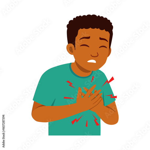 African American Boy Clasping Chest in Pain with Worry Expression in Illustration