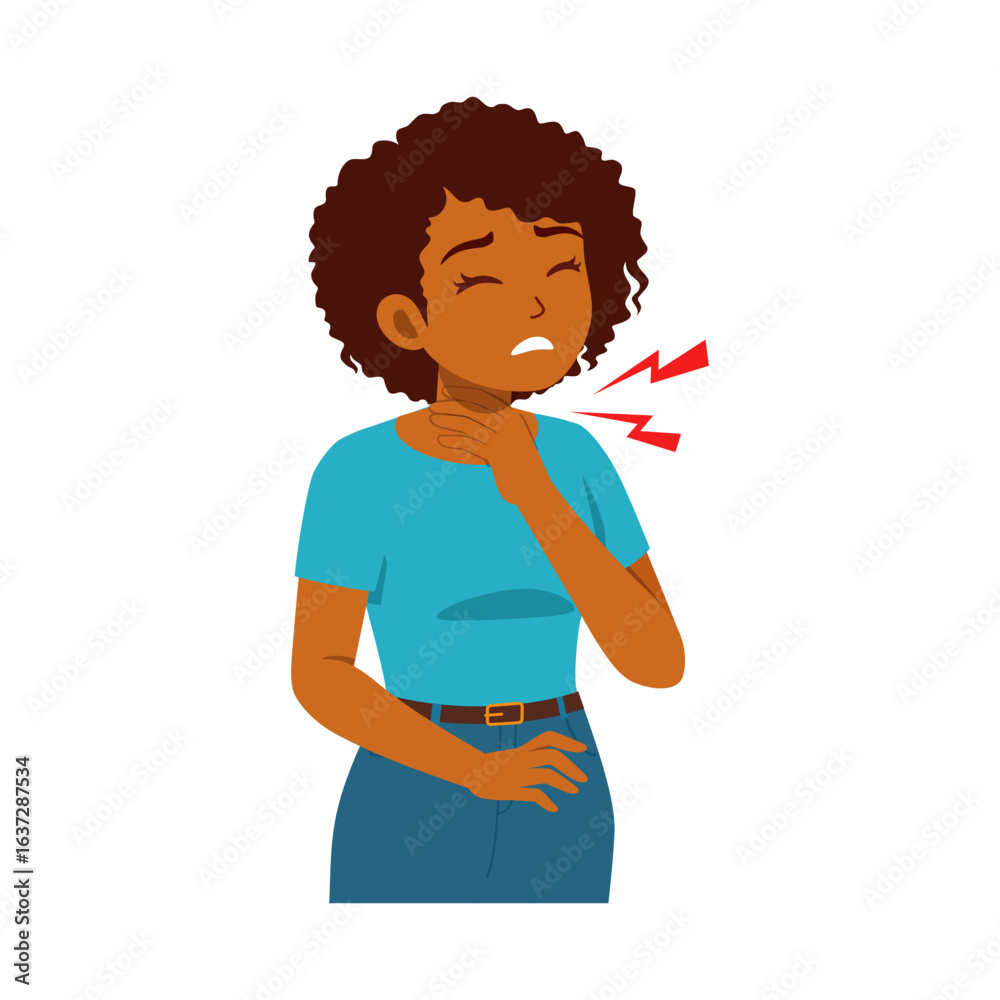 Fototapeta premium African American Woman Feeling Sick with Sore Throat Illustration Style Drawing