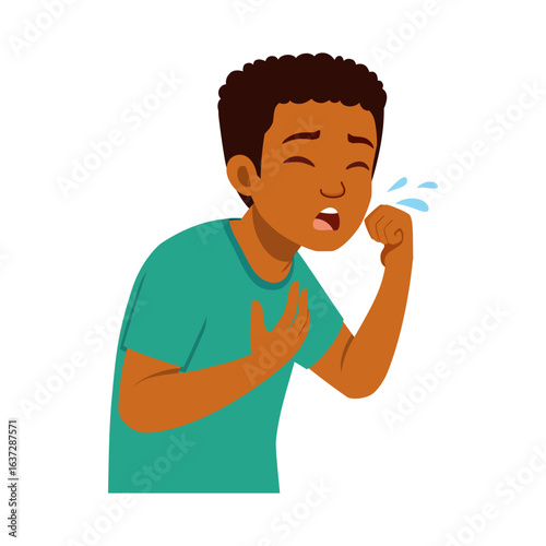 African American boy coughing with hand covering mouth, symptom of cold or virus