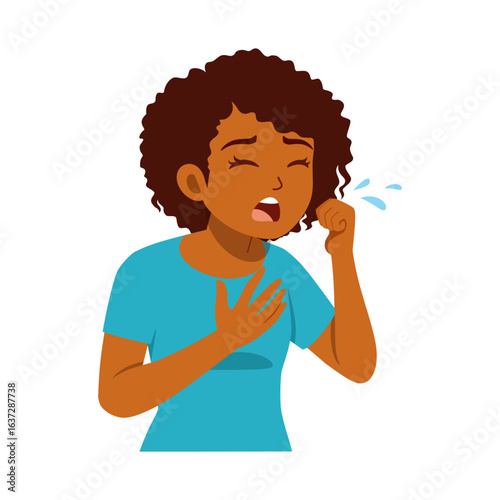 African American Woman Coughing with Hand on Chest Feeling Unwell in Cartoon Illustration Style