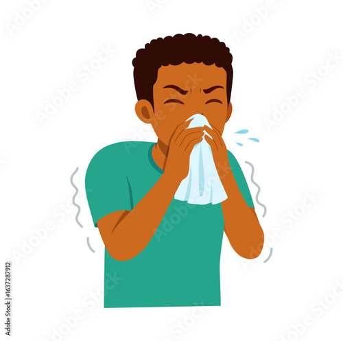 African American Boy Blowing Nose with Tissue Feeling Sick with Health Issue Illustration