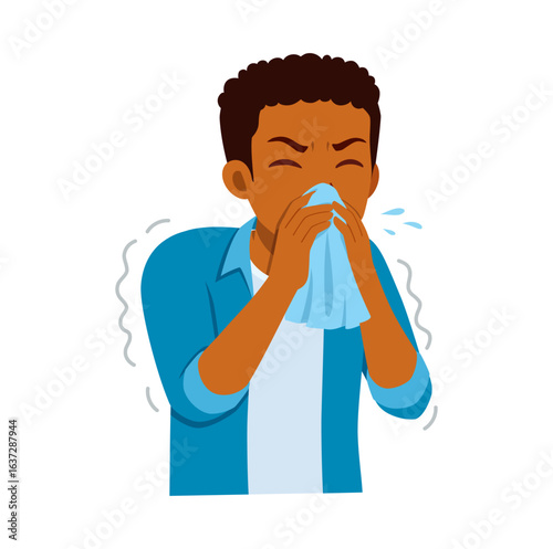 African American man blowing nose into tissue with closed eyes and feeling unwell