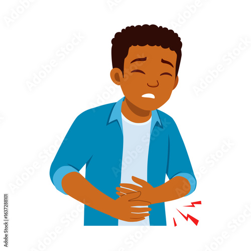 African American Boy Experiencing Stomach Pain Holding Stomach with Discomfort Expression in Blue