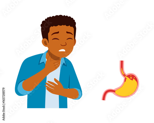African American Man with Sore Throat and Heartburn Symptoms with Stomach Illustration