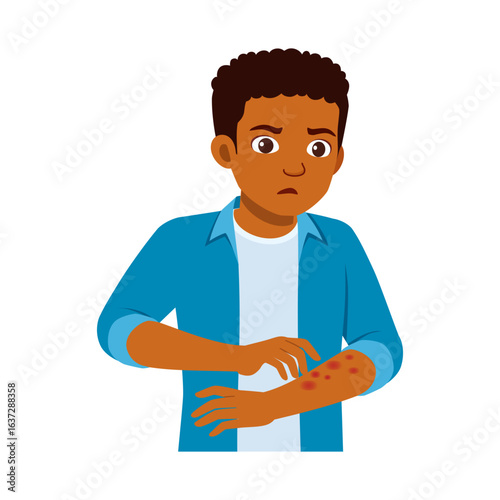 African American boy scratching arm with rash looking worried in a blue shirt