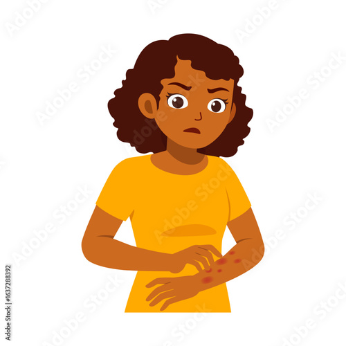 Worried African American Woman Scratching Itchy Rash on Her Arm in Vector Illustration