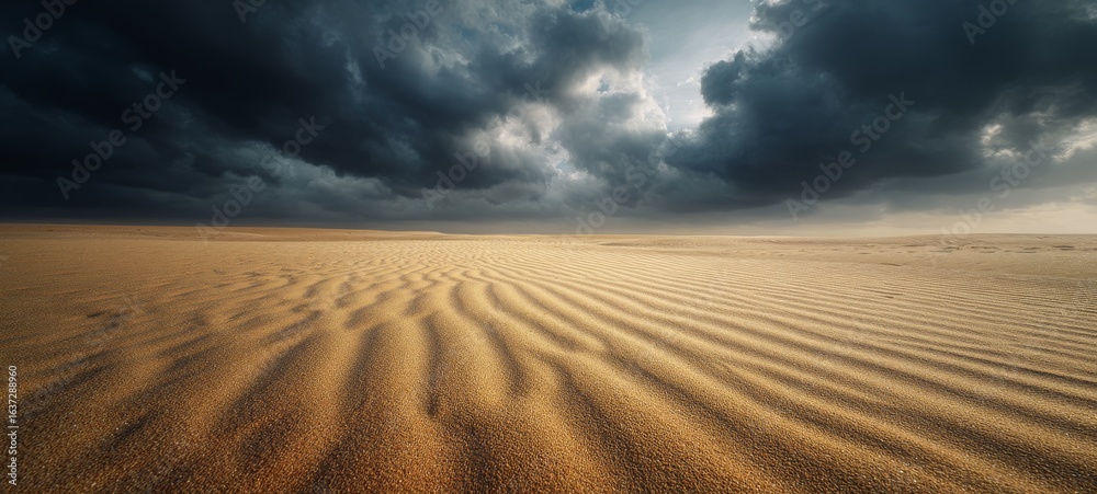 Naklejka premium Award-Winning Wide-Angle Landscape of Endless Desert Dunes before Sandstorm – Cinematic Dramatic Sky