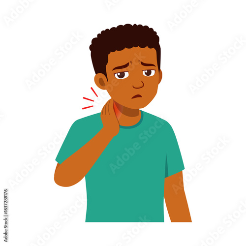 Sad African American Boy with Sore Throat Holding His Neck in Painful Expression