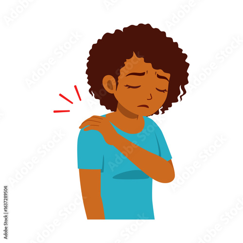 African American Woman with Shoulder Pain, Touching Shoulder with Sad Expression in Cartoon Style