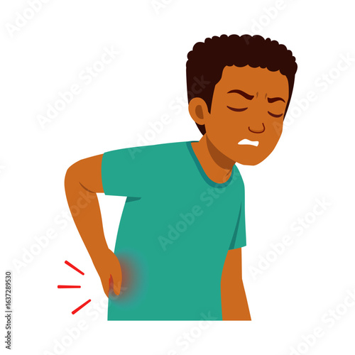 African American boy experiencing back pain, holding lower back with hand, feeling discomfort