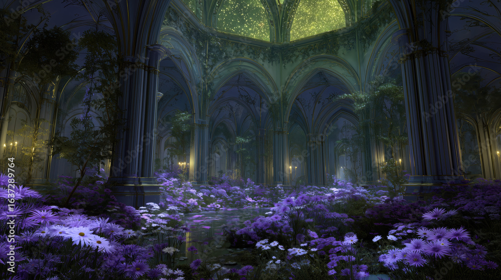 Naklejka premium Photorealistic interior overgrown with violet flowers and daisies, creating magical atmosphere
