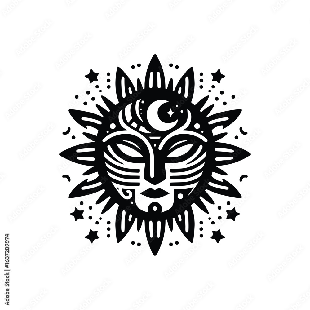 Fototapeta premium Tribal masks representing night, crescent moon and stars are integrated