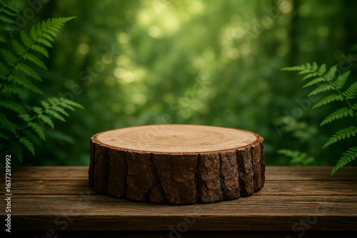 Wooden tree stump podium in lush green forest background
