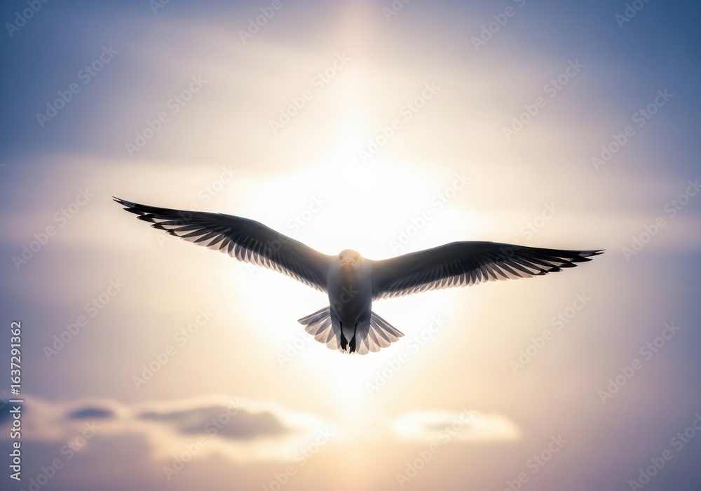 Naklejka premium Majestic Seagull Ascending Through The Sunlit Sky, Symbolizing Freedom