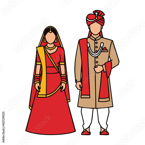 North Indian Hindu Wedding Couple Vector - Lehenga Sherwani Traditional Bridal Logo