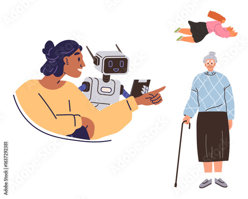 Nurse interacting with a robot, elderly woman using a cane, and an emergency situation symbolized by a fallen figure. Ideal for healthcare, AI, elderly assistance, caregiving technology, safety