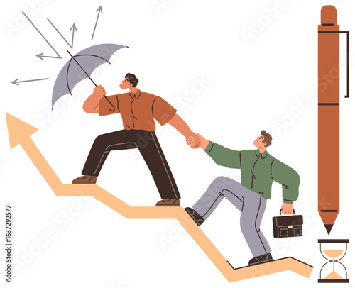 Two individuals climb a growth chart with an umbrella shielding from arrows, showcasing teamwork and resilience. Ideal for leadership, collaboration, business growth, support, mentorship, success
