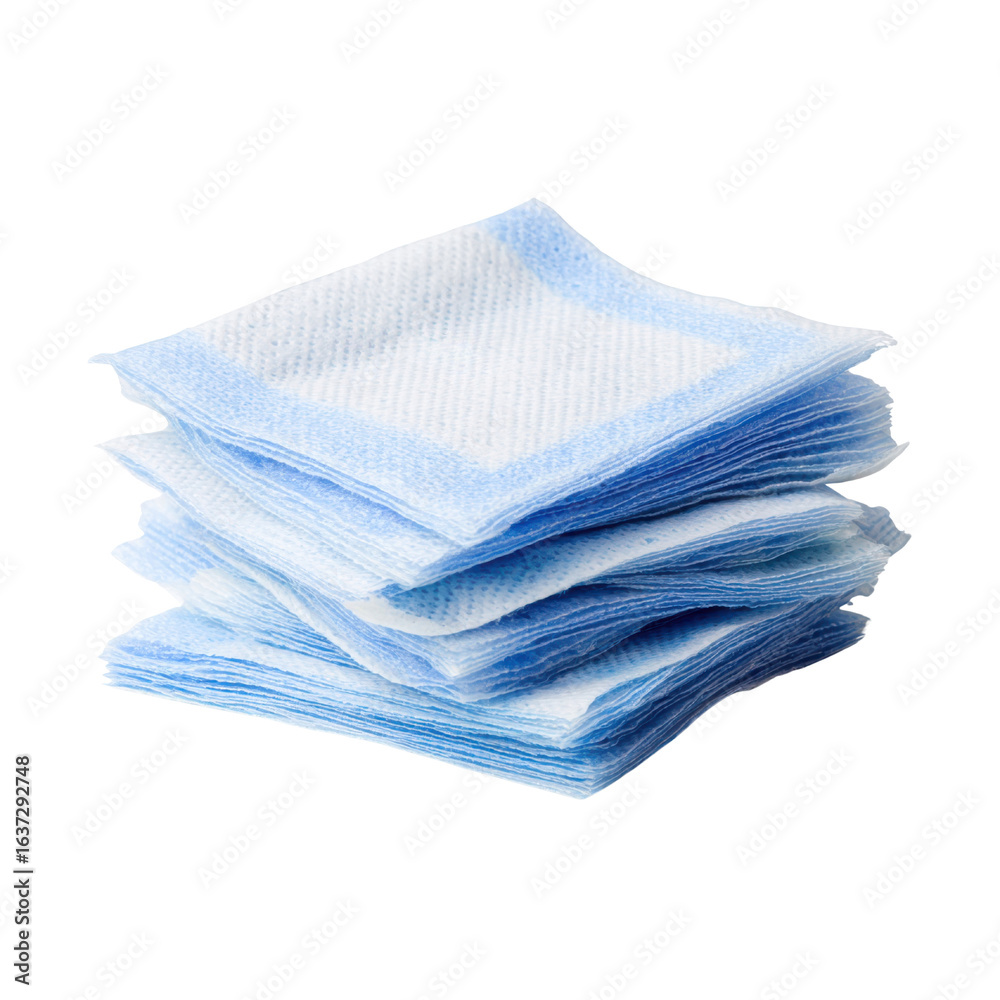 Fototapeta premium Stacked absorbent pads with blue borders white, Isolated On White, Png Transparent, Cut Out