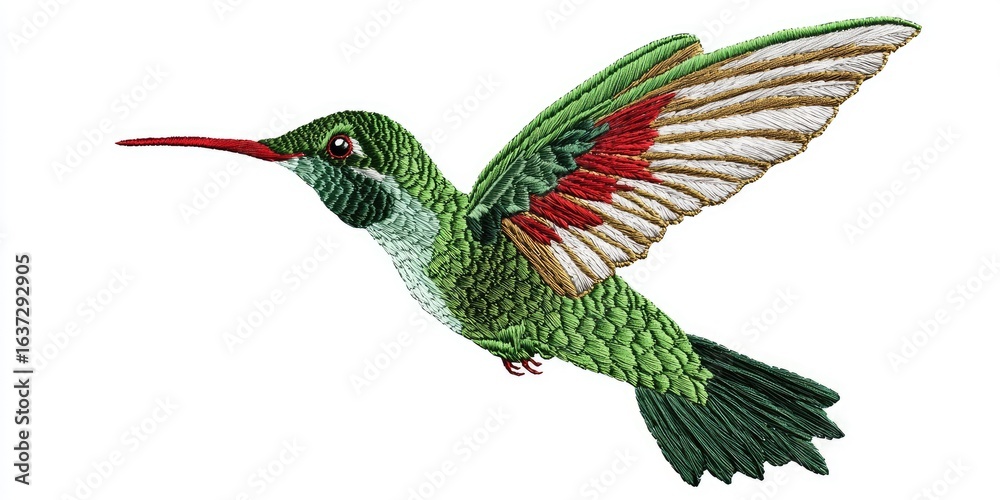 Obraz premium Floating embroidery design of bright green hummingbird in air, red detail on beak and tail Stock photo