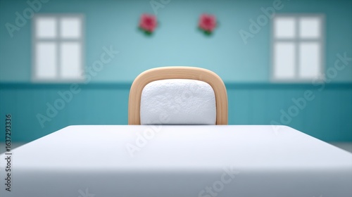 Wallpaper Mural Empty white table and a cushioned wooden chair in a room with blue walls and two windows Torontodigital.ca