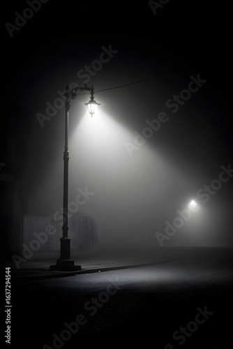 Foggy Night Street Lamp Light.