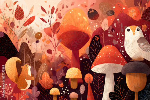 Autumn Forest Owl Squirrel Mushrooms.