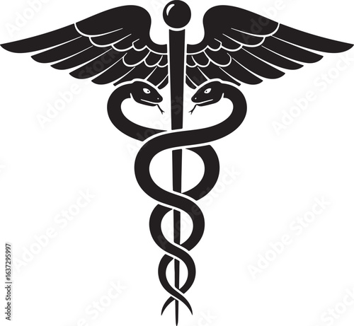 Black and white vector silhouette of the medical caduceus symbol with two snakes and wings