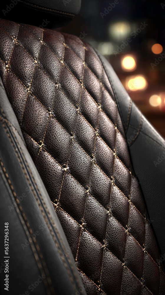 Fototapeta premium Close-up of luxurious, quilted brown leather car seat