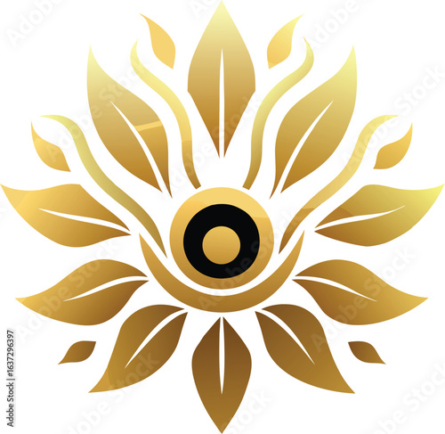 golden floral crest with symmetrical spirals radi
