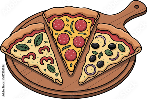 Assorted Pizza Slices with Pepperoni, Veggies & Olives, Variety Pizza on Wooden Serving Board