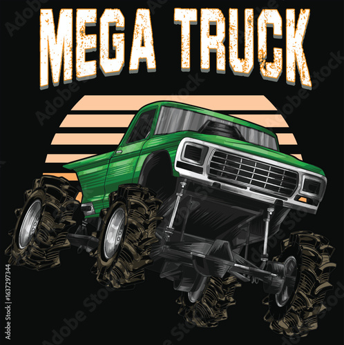 Green truck isolated on a black background for t-shirt design, print, and business purposes.