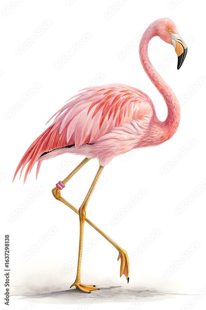 Fototapeta premium Pink flamingo isolated on white background, standing in a graceful pose