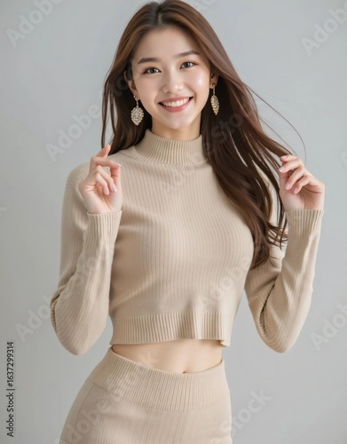 Plakat 笑顔で可愛いポージングをする若い女性