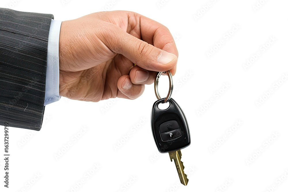 A hand in a suit jacket holds a car key (1) A hand in a suit jacket holds a car key (1)
