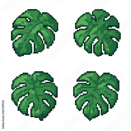  Pixel art set of green monstera leaves 