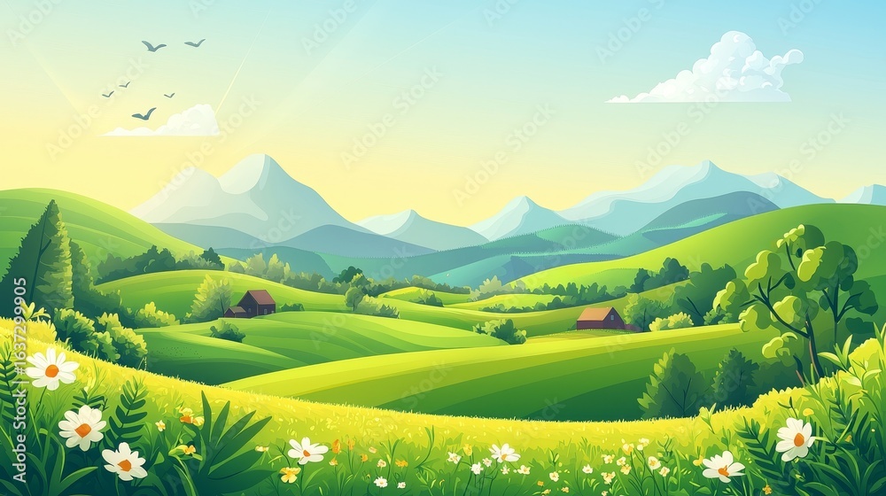 Fototapeta premium Beautiful countryside, nature and landscape. Vector illustration of mountains, trees, plants, fields and farms