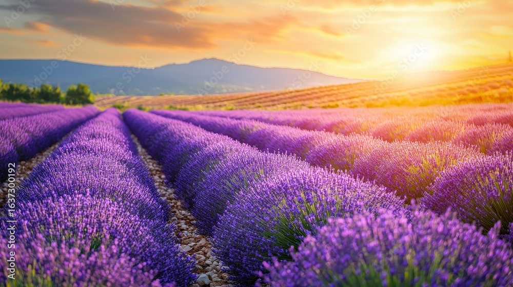 Obraz premium Lavender flowers blooming fields in rows. Summer landscape.