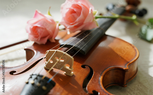 Portrait Violin Close-Up with Roses — Romantic Spring Melody