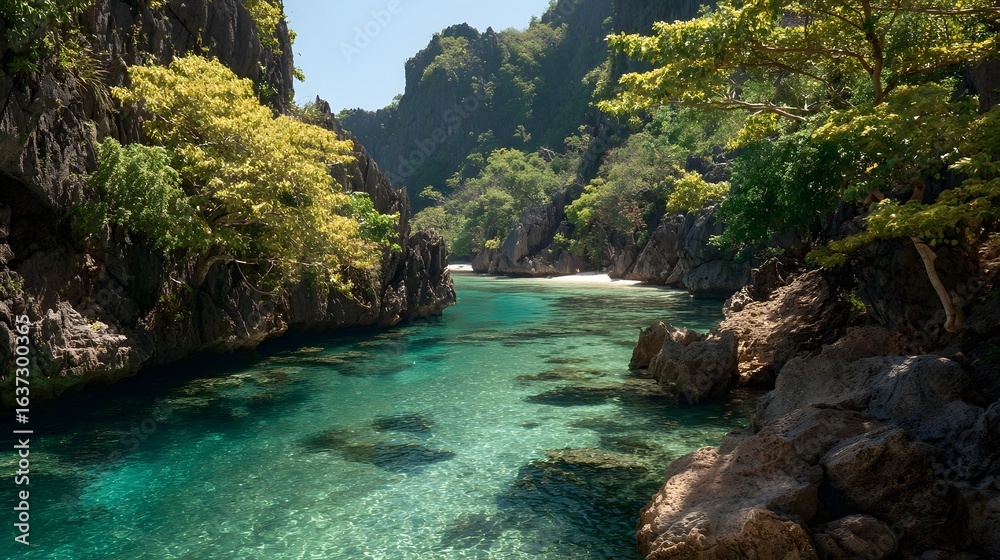 Naklejka premium Crystal-clear water flowing through a rocky cove.