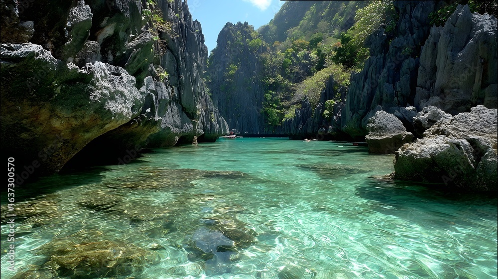 Fototapeta premium Crystal-clear turquoise water laps against dark gray rock formations.