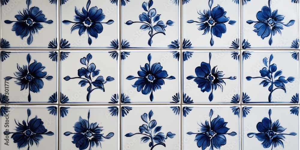 White tile panel with indigo floral lattice and classical Victorian style Stock photo