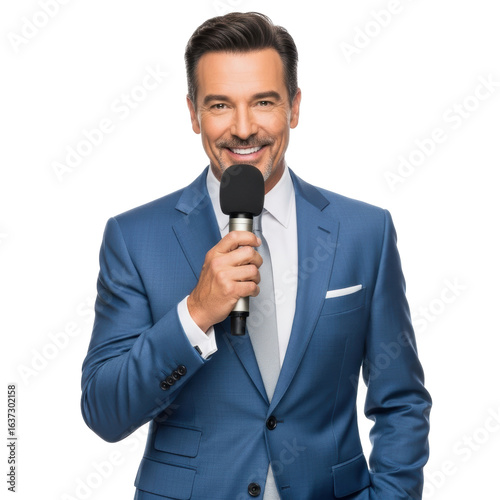 Smiling male presenter in a blue suit holding a microphone, looking directly at the camera. Ideal for media, broadcasting, or event themes.