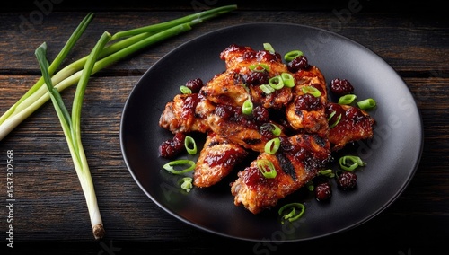 Roasted chicken wings glazed with cranberry sauce, garnished with green onions, on a dark plate