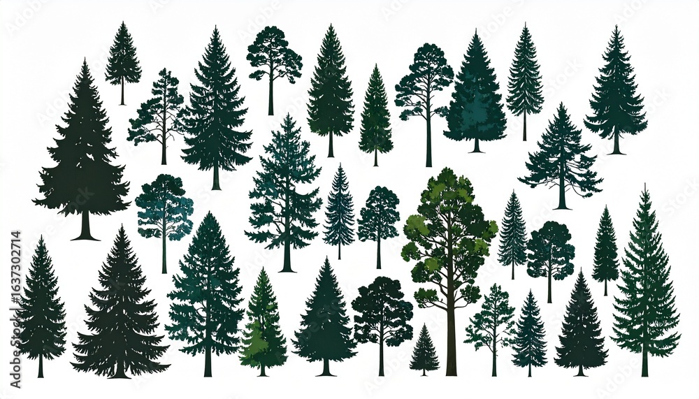 Obraz premium Pine tree silhouette collection on white background.Spruce tree silhouette set on