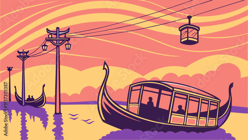 Explore kerala backwaters with houseboat, gondola and cable car scenic travel destination vector art
