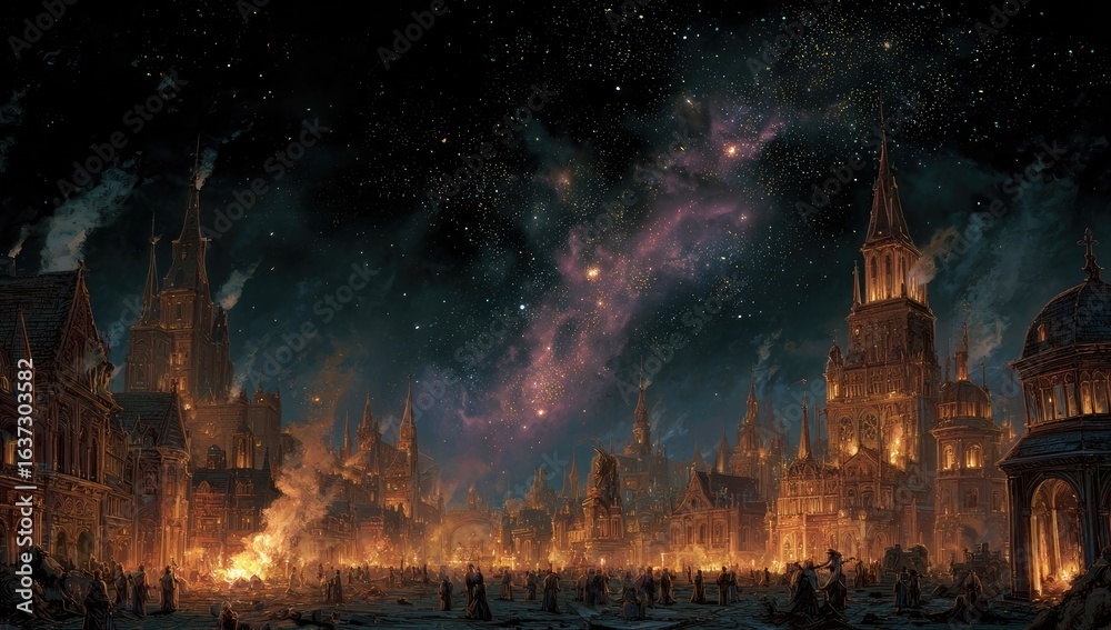 Fototapeta premium A city ablaze at night, under a starry sky with nebulae