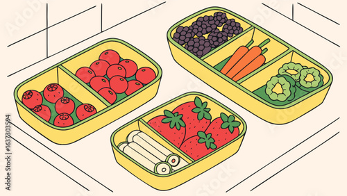 Healthy food prep containers with fresh fruits and vegetables for balanced diet and nutrition plan