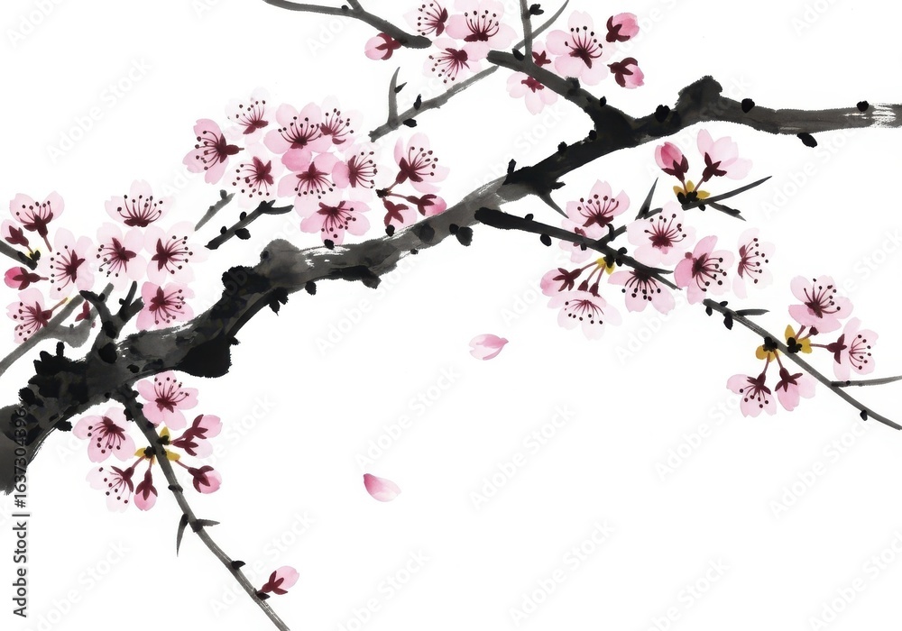Obraz premium Delicate cherry blossom branches painted in the traditional sumi-e style
