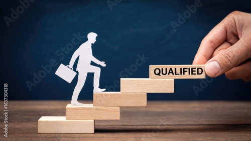 Get qualified now! Businessman climbing career steps, hand holding block, symbolizing business growth and success