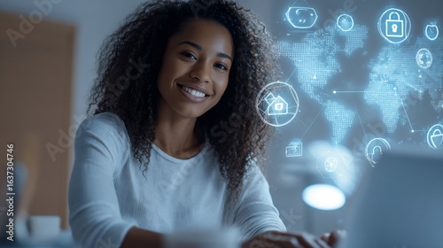 Smiling Woman Uses Laptop, Interacting with Digital Icons in Home Office.